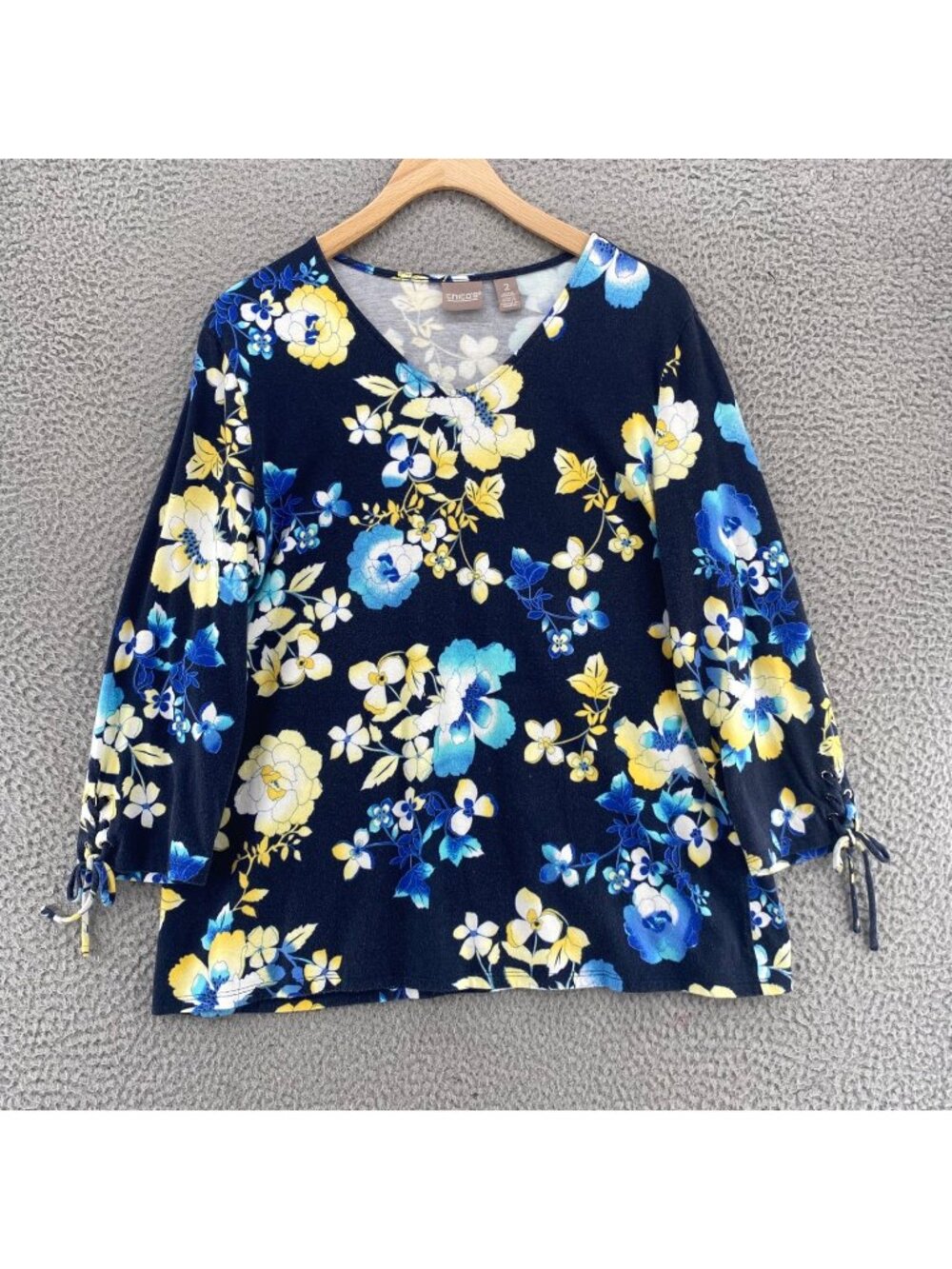 Chicos Top Womens 2 US Large Navy Yellow Floral Stretch Knit Lace Up 3/4 Sleeve